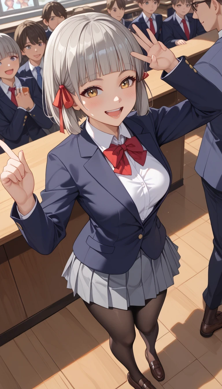 score_9, score_8_up, score_7_up,  source_Anime Top Quality、8k、 masterpiece、ultra high definition、 natural light、perfect anatomy、 perfect eye、beautiful eyes、One Woman、:1.5、medium chest、saggy breasts、XC2nia , grey hair, short hair, blunt bangs, hair ribbon、(school uniform、blazer from above the bar、ribbon、miniskirt、pantyhose)、(embarrassing:1.3、 happy、fun)、school classroom in front of a crowd、 stand and pose、(((full body shot)))