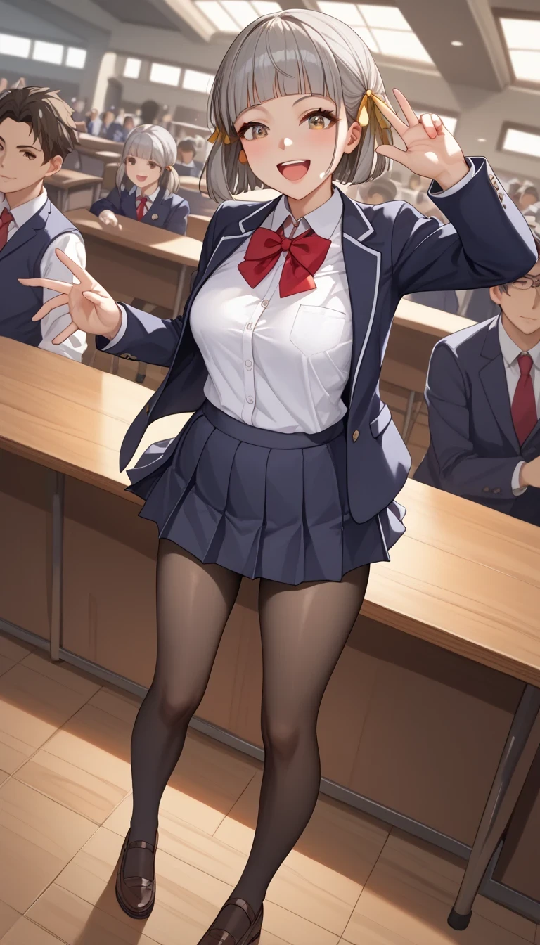 score_9, score_8_up, score_7_up,  source_Anime Top Quality、8k、 masterpiece、ultra high definition、 natural light、perfect anatomy、 perfect eye、beautiful eyes、One Woman、Baby Face:1.5、medium chest、saggy breasts、XC2nia , grey hair, short hair, blunt bangs, hair ribbon、(school uniform、blazer from above the bar、ribbon、miniskirt、pantyhose)、(embarrassing:1.3、 happy、fun)、school classroom in front of a crowd、 stand and pose、((((full body shot))))、 taken from below