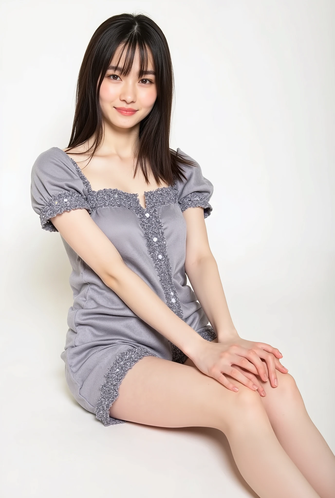 full body shot from the front、 off shoulder mini one-piece pajamas please,   Bend Your Knees, spread your legs, pose with legs crossed, and sit down staring at me,  Slender Naked Legs  、smile、  has a monotone background  

