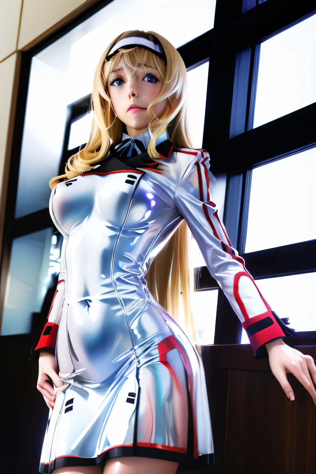 perfect anatomy top quality,highest resolution,(((white shiny uniform One Piece Dress Shiny Blonde blue eyes Long Hair shiny skin))) Cecilia Alcott Infinite Stratos
