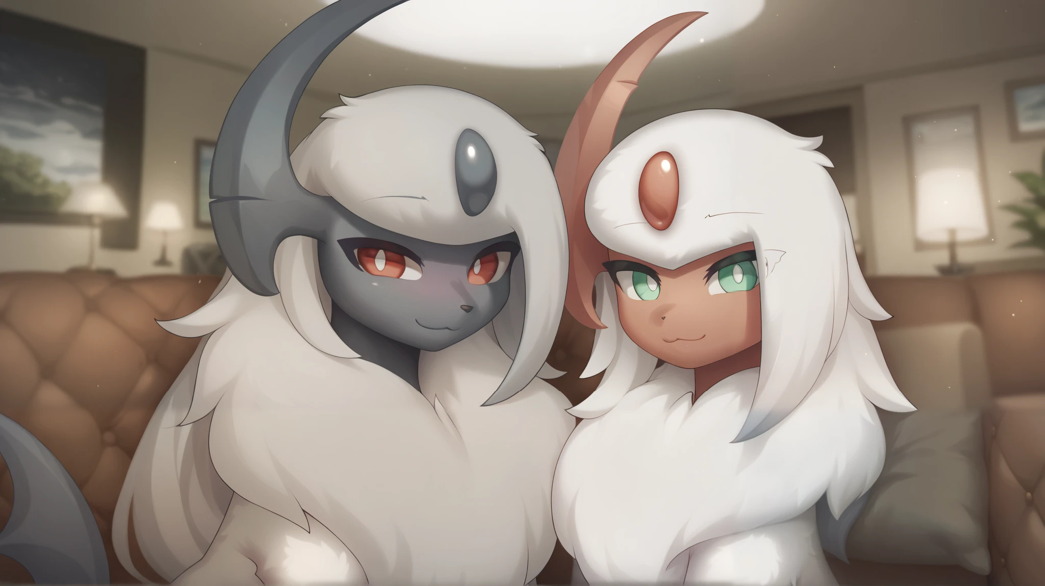 mudar para  white pupils, (high quality, high resolution), casal entre dois Absols, dois Absols, Absol shiny(|  light green eyes , light red facial skin, light red claws,  white pupils, Light red horns, through the white, large stripe,  a lot of hair on her |), Absol(| red eyes,  gray facial skin, Gray claws,  white pupils,  gray horns , through the white, large stripe,  a lot of hair on her |), Pokemon \(creature\), looking at the viewer, smile in the shape of 3, Line smile, living room, no windows, Sitting together on the couch, in love, from the author: Zinfyu