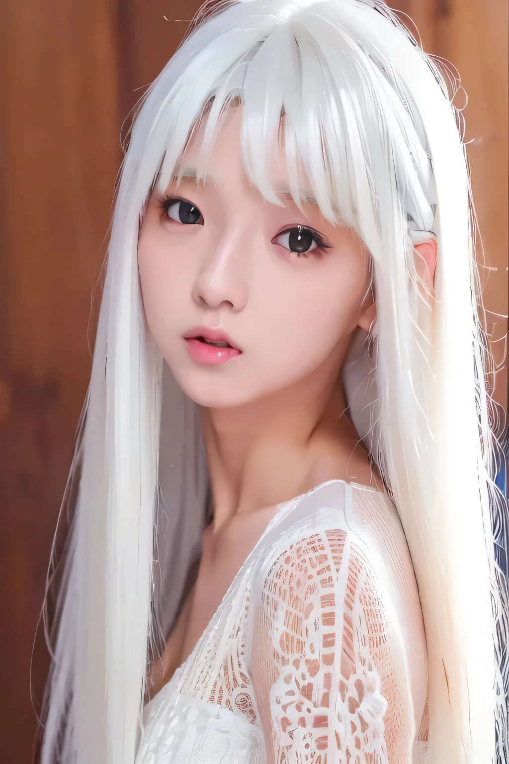 (8k、RAW photo、top quality、masterpiece、anatomically correct)、(girl、solo)、( faceshot:1.3)、、(straight long hair:1.3)、(Pure white hair:1.4)