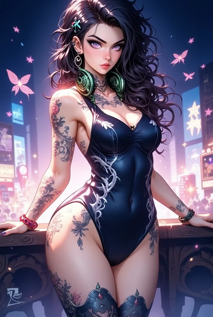 there is a woman with tattoos on her chest and a clock, in style of digital illustration, a beautiful artwork illustration, art cover illustration, colored illustration for tattoo, tattooed pinup, by Galen Dara, stunning digital illustration, exquisite digital illustration, illustration art, by Eddie Mendoza, art cover, digital illustration -, tattoo style, stylized digital illustration, full color illustration