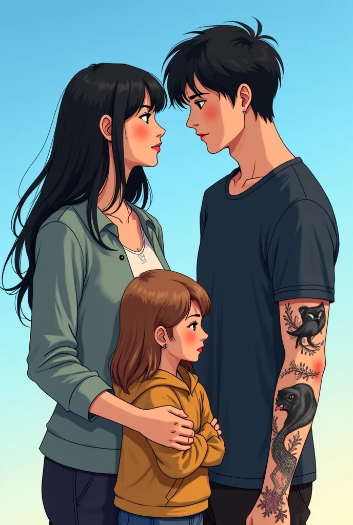 but with a boy with light brown hair, a little bit churroso, with curly hair tall white skinny, very white cute, 20 years old white girl with long black hair, cut in layers and thick lips, short in stature, not in fancy dresses but in cool clothes, the with. Black t-shirt and pants below, She dressed in black and modern, a of 3 years, Pretty similar to them two, she has tattoos on her arm, all over her arm, a Kuromi, some cats, some flowers, She is not so thin but not chubby either and they both love each other very much with their eyes closed and cats and sunflowers Gothic style