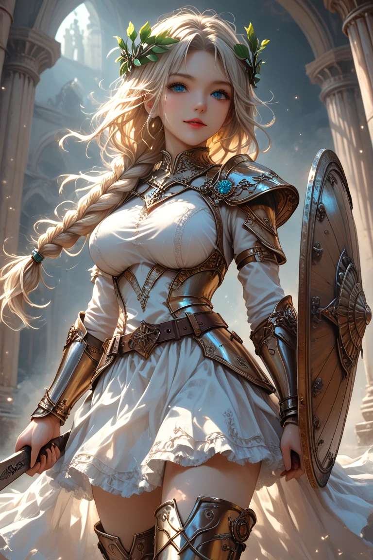 Beautiful queen holding up sword, medieval castle in fog, rainbow in sky, low angle, fantasy style, --auto --s2