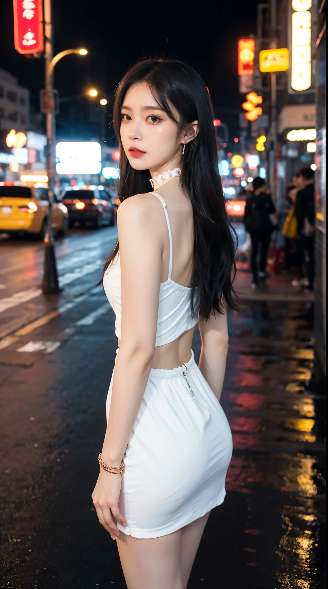 8K,masterpiece,RAW photos,best quality,Detail:1.2),hentale realism,Highly granular CG integration 8k,8K,diamonds and wallpapers,depth of field picture film light,Lens Flash,light tracking,(Very pretty look,beautiful lips,beautiful eyes),A face with intricate details,((highly detailed skin))1 girl,Korean Female Model,어둠 속의 어두운 night,deep shadows,pretty korean girl,kpop idol,(Very slim and slender muscular body:1.3),(View audience),(tight miniskirt),(red dress),(injection sleeve),(도시의 night,(neon sign),(night),Beautiful Korean girl earrings,wristband,choker necklace,Lace-up pantyhose,clear eyes,walk,(pale skin),facing forward,(big eyes),((Upper body shot)),tight clothing.,silk dress,Lace-up dresses,see through dress,turn around,rear shot,very slim,slander,slander, Crowded streets in New York:1.3