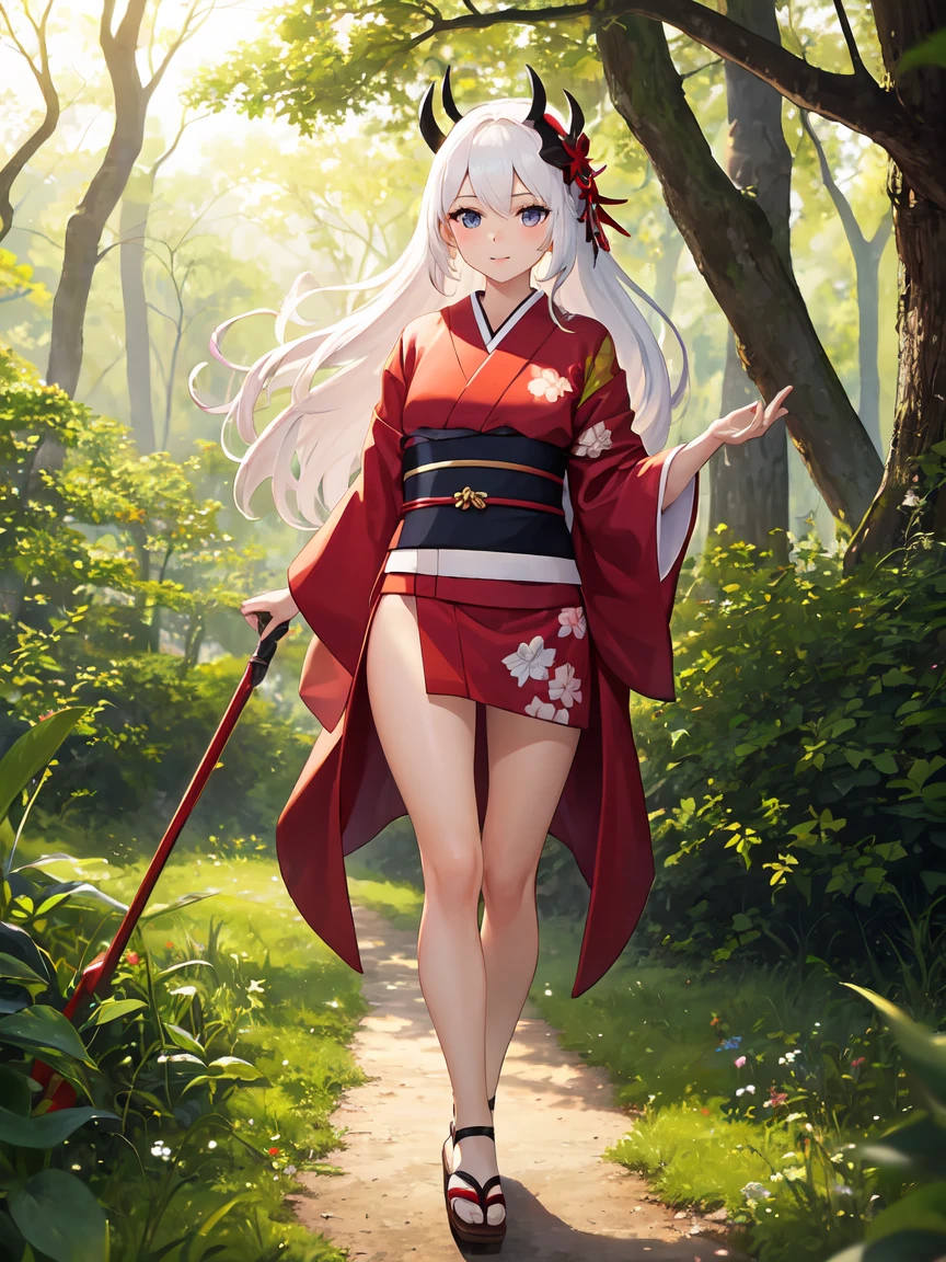 (masterpiece, vibrant, detailed, highres:1.2), 1girl, long hair, (white hair:1.3), pink eyes, medium breasts, shiranui mai \, (cosplay\), sakura tree, pond, sunny background, dynamic lighting, <lora:shiranui_mai_(cosplay)_v0.1:1>