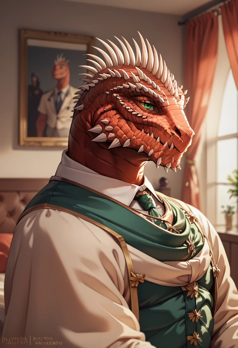 masterpiece, 8k, best quality, highly detailed, a male red dragonborn in a snazzy red suit