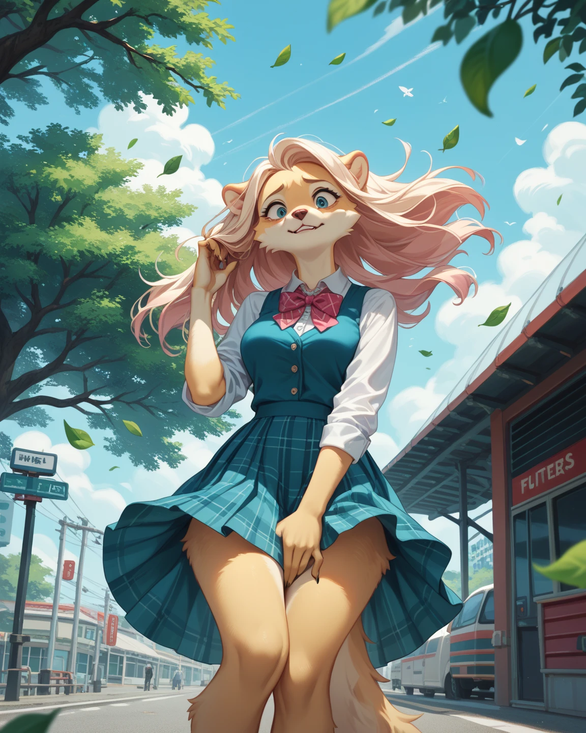 Shocked slim female lioness with long Pink hairs with Blue Highlights and glowing Green eyes wearing gray skirt and dark Blue top looking at herself there are some traces of Pink magic floating around her she is in the park