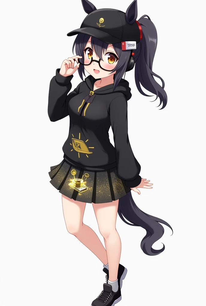 masuter piece, Best Quality,32K、Wallpaper, ultra -detail, Absurd beauty, 1Beautifulwoman、woman, Big eyes with sparkly、Hair fluttering in the wind、:O、thick long legs、Smaller head、miscievous smile、Angle looking up from below:1.3、Angle from which you can see the whole body, hair color purple, tan skin, circle glasses, brown skin