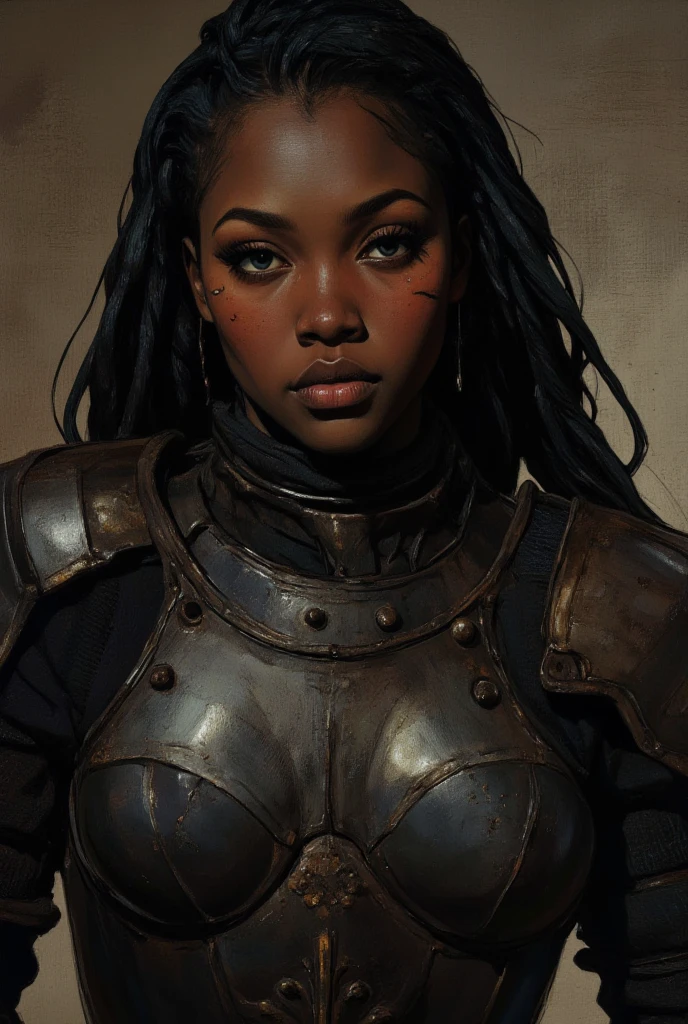 detail, realist, women, Dark skin, gray eyes, middle Ages, Goddess, Musa, sexy, armor, curvy, manuelsart style, tattooed, portrait, he would be, strong look, cinematic lighting, Medieval streets in Paris, black color, Dark,
