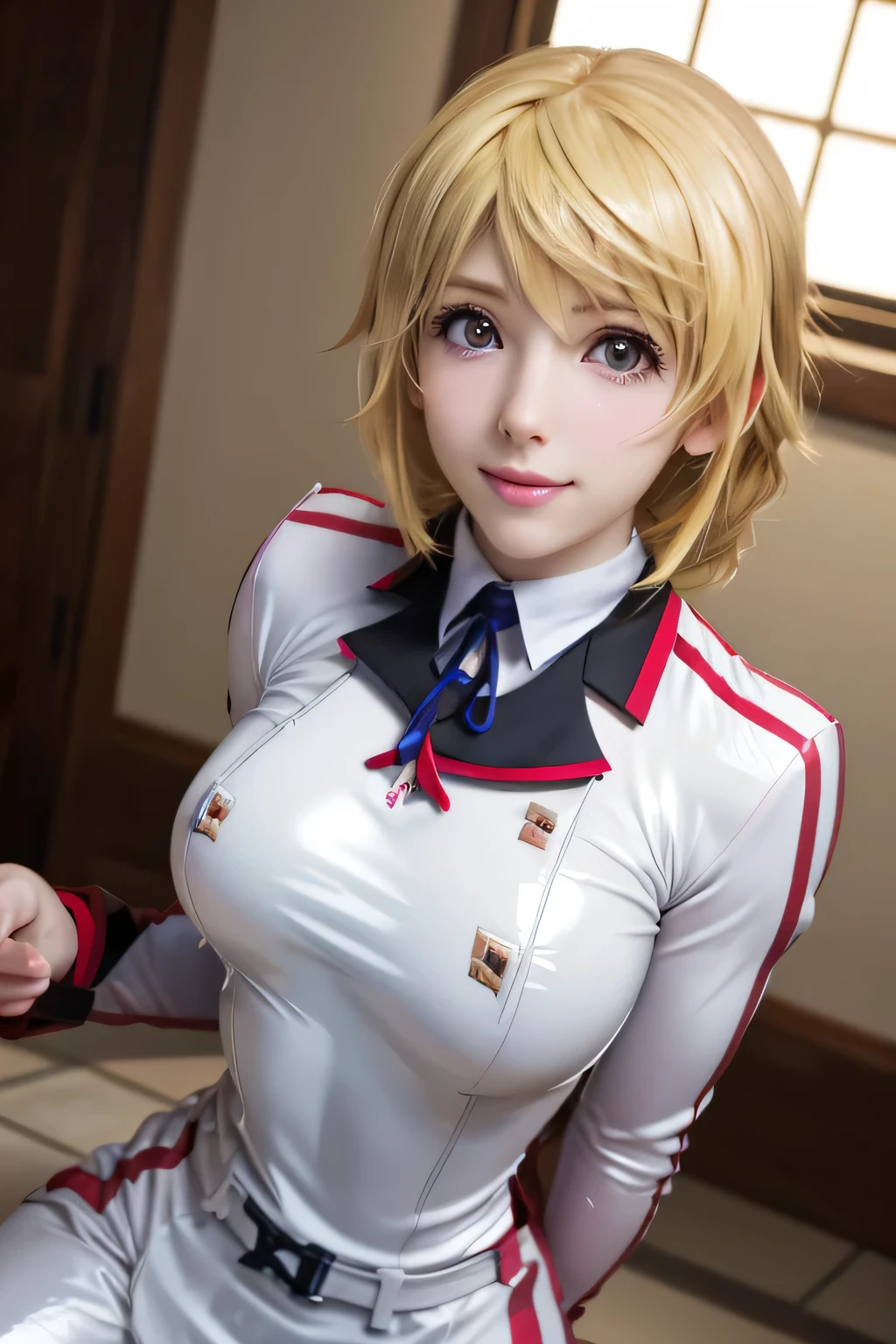 perfect anatomy top quality,highest resolution,(((white shiny uniform One Piece Shiny Blonde shiny skin))) Charlotte Dunois Infinite Stratos