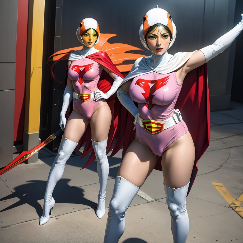 ANI_CLASSIC_jun_gatchaman_ownwaifu,1girl, ,good anatomy, masterpiece, best quality,realistic, hyperrealistic, 16k hdr,breasts,green eyes,lips,large breasts,lipstick,makeup,gloves,cape,helmet,belt,elbow gloves,white gloves,mask,ultra miniskirt,leotard,spacesuit,white tight overknee highheels boots,pink dress,superhero,bodysuit,cleavage,erected nipples,((standing pose,spread legs, arms up straight)),cameltoe