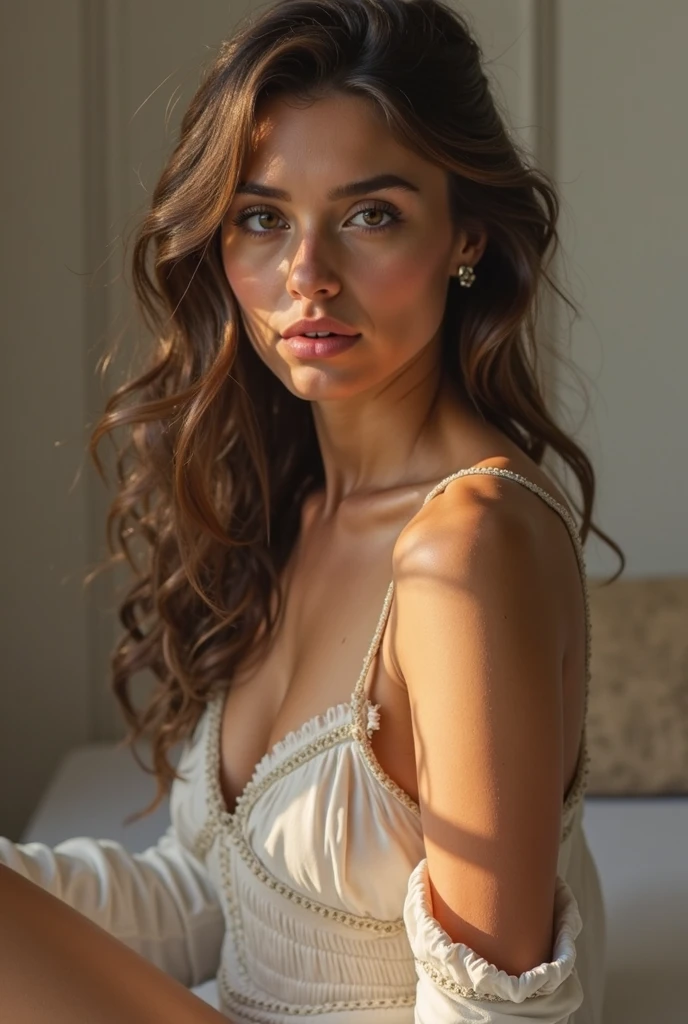 grain de film, filtre vintage, Texture de la peau, selFie oF a woman with beautiFul wavy hair ,F/1.8, dans sa chambre, joue a la play drapeau russe au mur