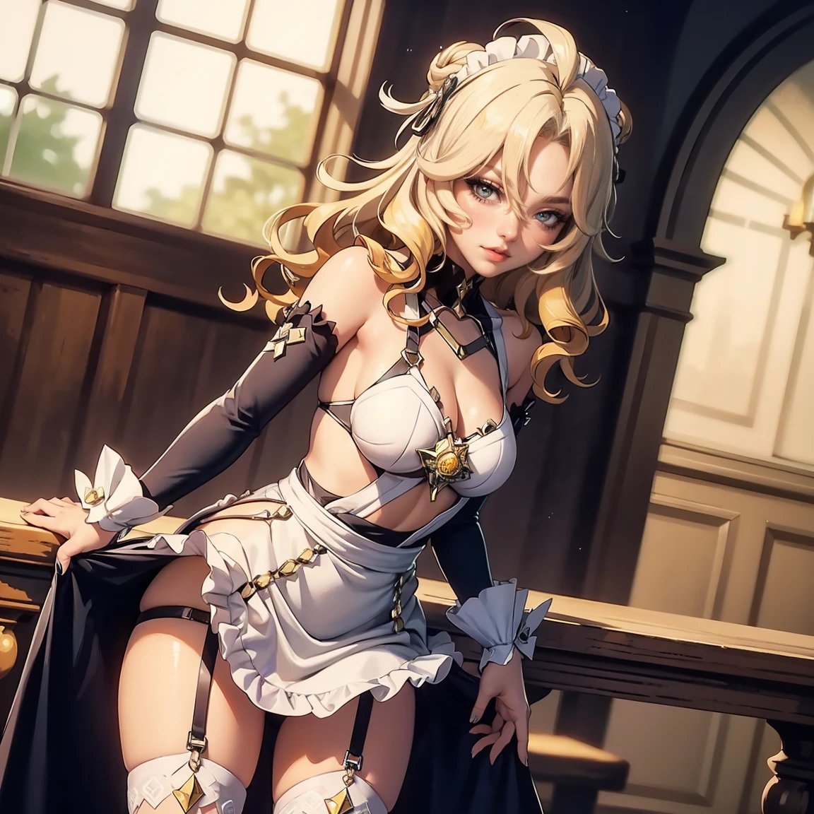 (extremely detailed CG unity 8k wallpaper,masterpiece, best quality, ultra-detailed, beautiful detailed eyes:1.2), high saturation, 1girl, barbara \(genshin impact\), frilled dress, bare shoulders, blonde hair, twintails, dancing, church, smile, looking at viewer,