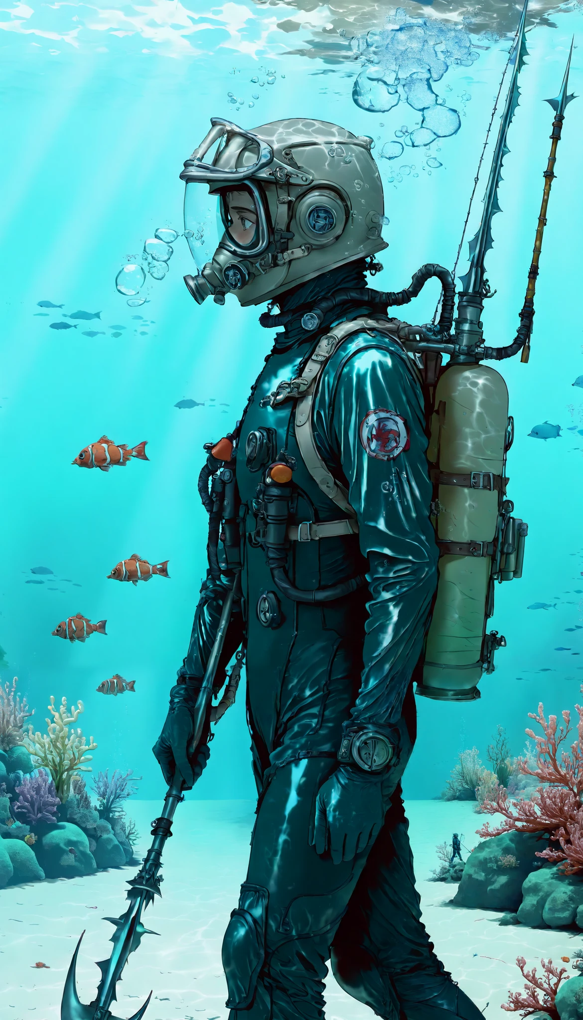 A man carrying a spearfishing harpoon,Underwater diver,scuba diving with antique diving,antique diving suit,metal helmet,metal suit,Heavy suit,(walking en el fondo marino),walking,(upper body:1.2),(from side:1.2),