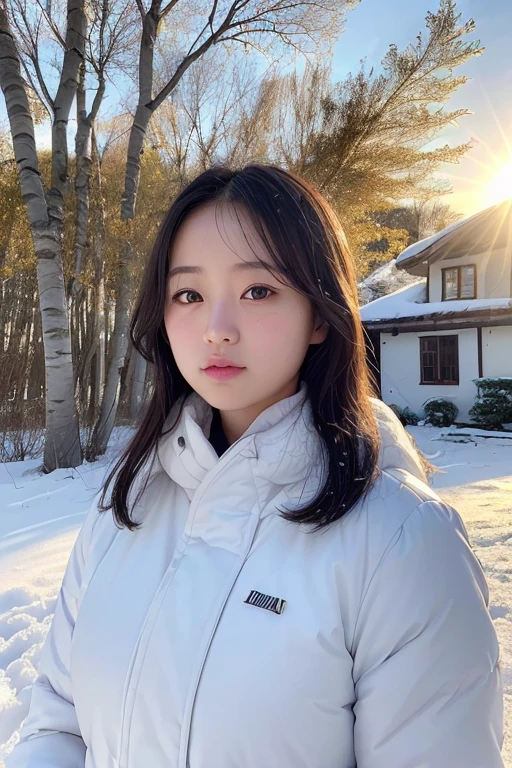 (masterpiece, top quality, best quality, ultra high res, photography, DSLR, DSLR Photography), heavy vignette, dirty lens, Asian schoolgirl, winter coat, fur coat, small breasts, hard nipples, pubic hair, vivid, starry night, night time, dark, cold, blushed, outdoors, winter, snow, pine trees, low camera angle, shot from below