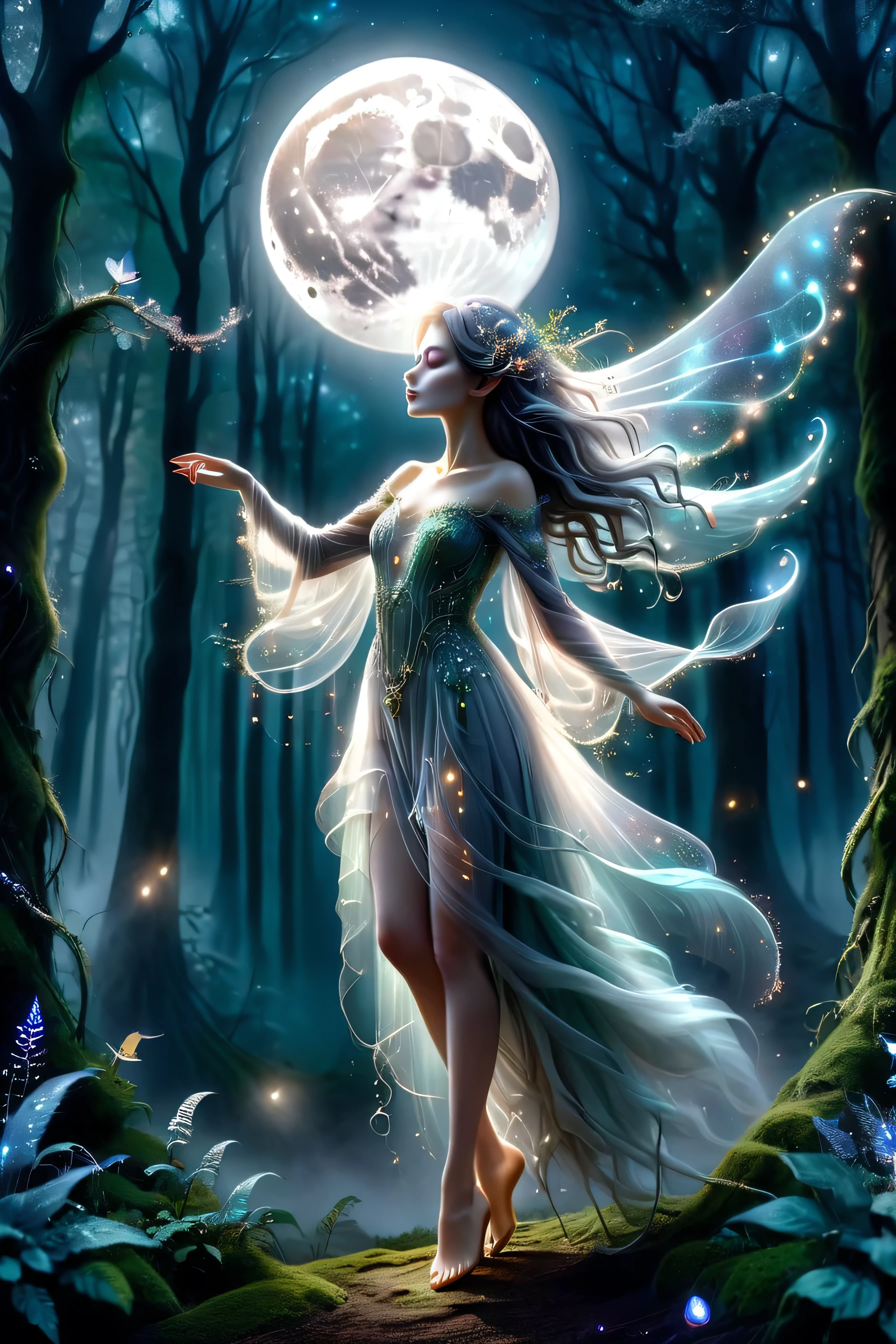 (masterpiece), (8k), (best quality), (sublime), a Ghost, feminine, ethereal, fey, a celestial organism, death, alive again, wispy, translucent, sentient, pale, arms up, body stretched elongated bending and poised, silvery smoke, wispy strands of moon silver, translucent silk, opalescent sky, elongated, poise, exuding enchanting glow, emanating an aura, delicacy, youth, moonlight, night, pure magic, in a dark foggy enchanted Forest (celestial), (lighting), (evocative), (surreal), (unreal), (strange)