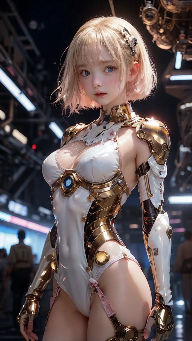 8k, top-quality, (pubic hair beauty)、hight resolution, 逼真, realperson、((masterpiece)), ((top-quality)), (The ultra-detailliert), ((highly contrast)), (a high chroma), (Beautiful detail eyes), ((extremely delicate and beautiful)), (nice hand), ((perfect hand)), (Mechanical cyber city in the background), futuristic cities, 夏天, plein air, Girl on a motorcycle, Medium hair, blonde hair, asymmetrical bangs, beautiful detailed Glass hair, blue eyess, tiny chest, mechanical suit, ((shiny body)), (very shiny body), Clear, jewely、ornament detached、a gorgeous、opulent、magnifica、Illumination scattered throughout the body、Illumination brilliance、Roberto、cyborgs、android、((body suit))、((huge tit、Chest valley、beauty legs , sexy cleavage)), closed eyes