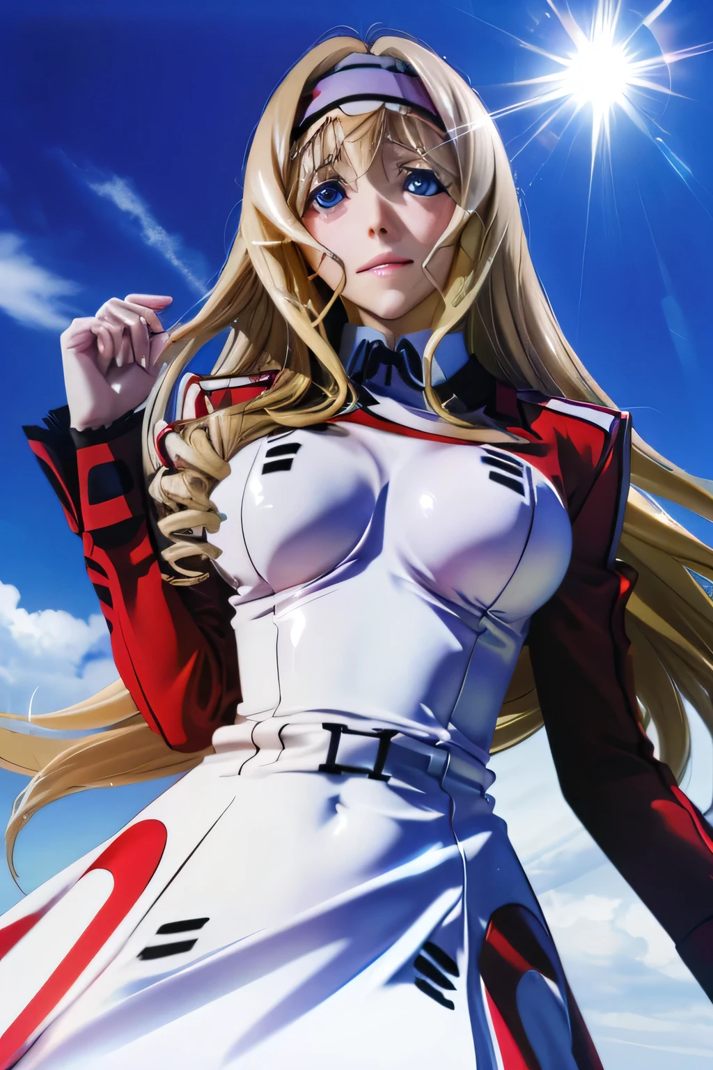 perfect anatomy top quality,highest resolution,(((white shiny uniform One Piece Dress Shiny Blonde blue eyes Long Hair shiny skin))) Cecilia Alcott Infinite Stratos