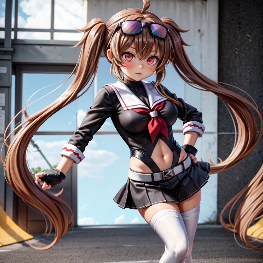Masterpiece, Best Quality, Highly detailed, illustration, absurdres, street fighter, doll suit, shadaloo doll, dollsuit, girls, multiple girls, expressionless, blank eyes, looking at viewer, red gloves, emotionless, black latex, corrution, mind control, female combatant, full body, hypnotized, unhappy trance, full body suit, ribbed bodysuit, both arms at side, stand up straight, obey, perfect female body, extremely glossy latex, hypnosis, hypnoLora, empty eyes, Mind control device, poses, submissive_pose, Slave, hat, necktie, stand up straight, standing, standing at attention, Slave, hat, necktie, belt, extending the right arm from the shoulder into the air with a straightened hand, nazi saluting, military, military saluting, salute, red Gauntlet, bad end precure outfit, frill skirt, tight mini skirt, bodysuit, black bodysuit, from below, looking down, latex, Maki Harukawa, Danganronpa v3, black brown hair, red eyes, twin tails
