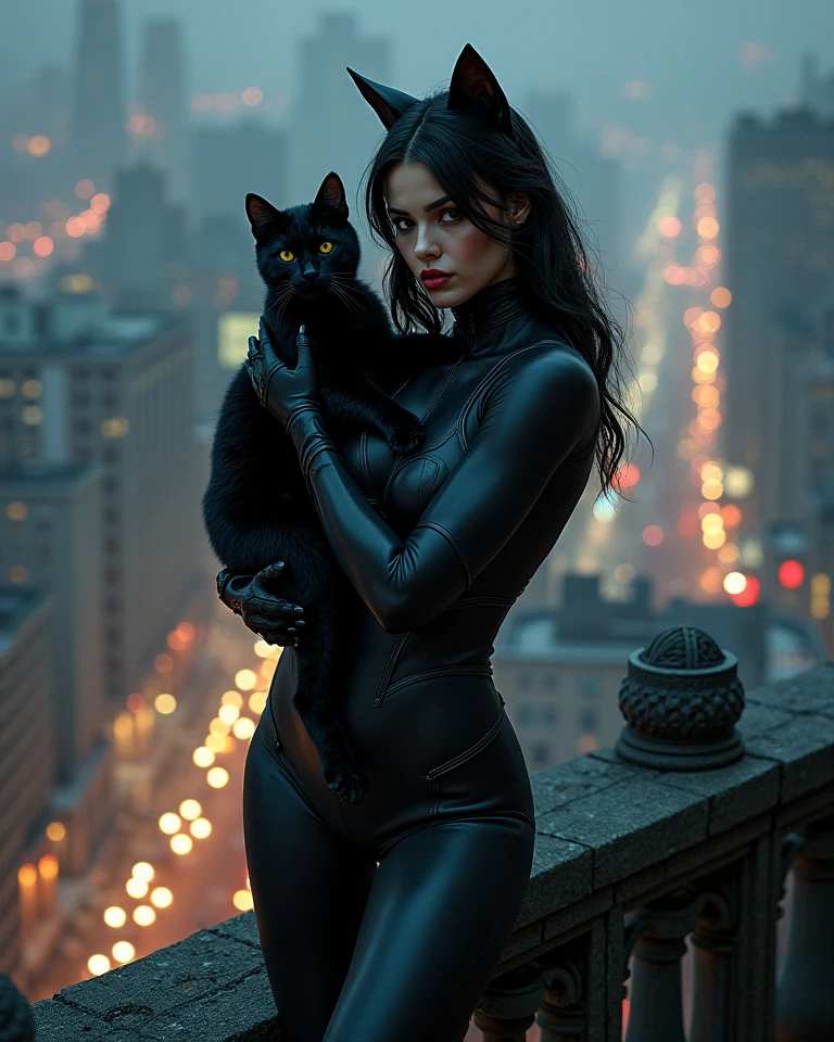 16 year old Jessica Lucas, ((Cat Woman)), ultra-detailed face, (((ultra detailed blue eyes))), black hair, (black latex suit, cat ears, mittens), night city, (((masterpiece)))
