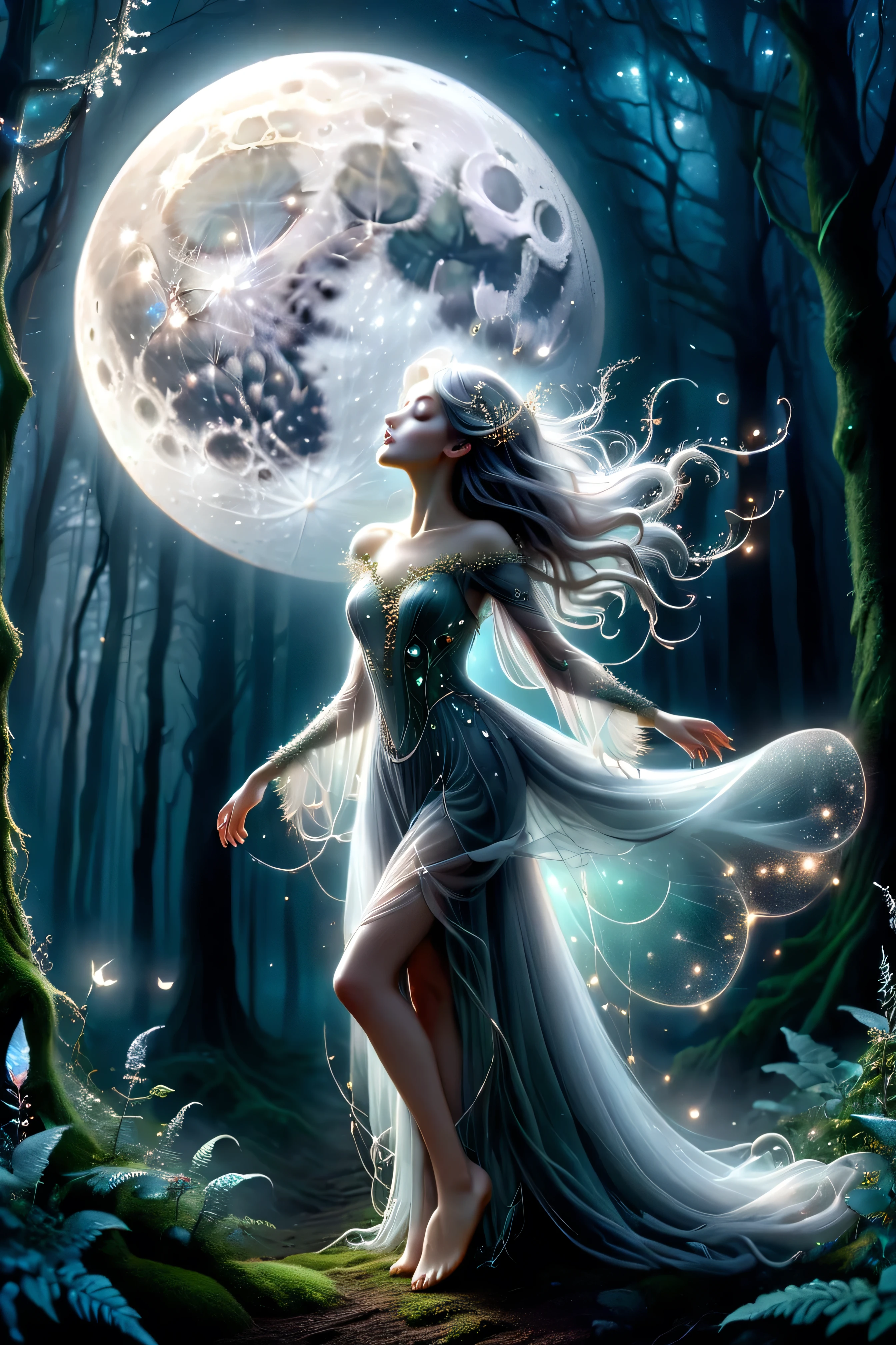 (masterpiece), (8k), (best quality), (sublime), a Ghost, haunting, ethereal, fey, a celestial organism, liminal, death, alive again, wispy, transparent, sentient, pale, arms up, feminine, body stretched elongated bending and poised, silvery smoke, wispy strands of moon silver, translucent silk, opalescent sky, elongated, poise, exuding enchanting glow, emanating an aura, delicacy, youth, moonlight, night, pure magic, in a dark foggy enchanted Forest (celestial), (lighting), (evocative), (surreal), (unreal), (strange)