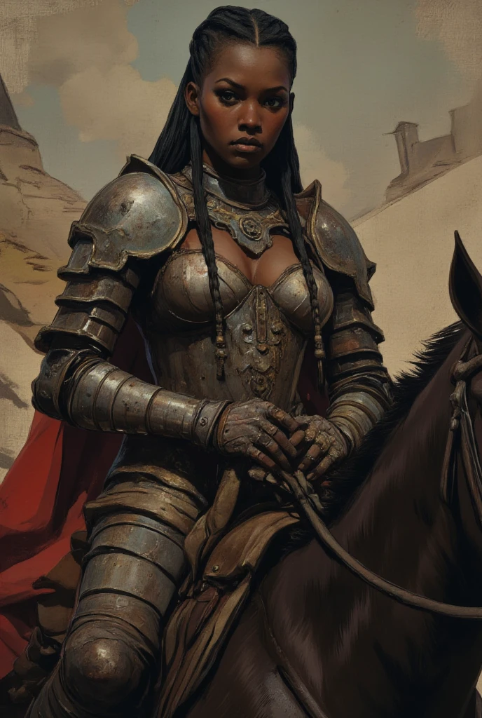 Close up of African woman with (short black dreadlocks), black hair pulled back, wearing a (heavy orange mechanical armor, power armor covering her chest and arms, orange breast plate), with large (round orange shoulder pads), chipped paint, (visible wires and gears connect the shoulder pads to the armored gloves), wires and cables run down her arms. Fur trim. Loincloth, (Barbarian fur). Castle ruins background, large broken stones litter the area. Show her standing with her hands on her hips. super high quality, super high detail, masterpiece, 4k, 8k, HDR, masters of the universe, vibrant colors, multicolor sky, colorful clouds
