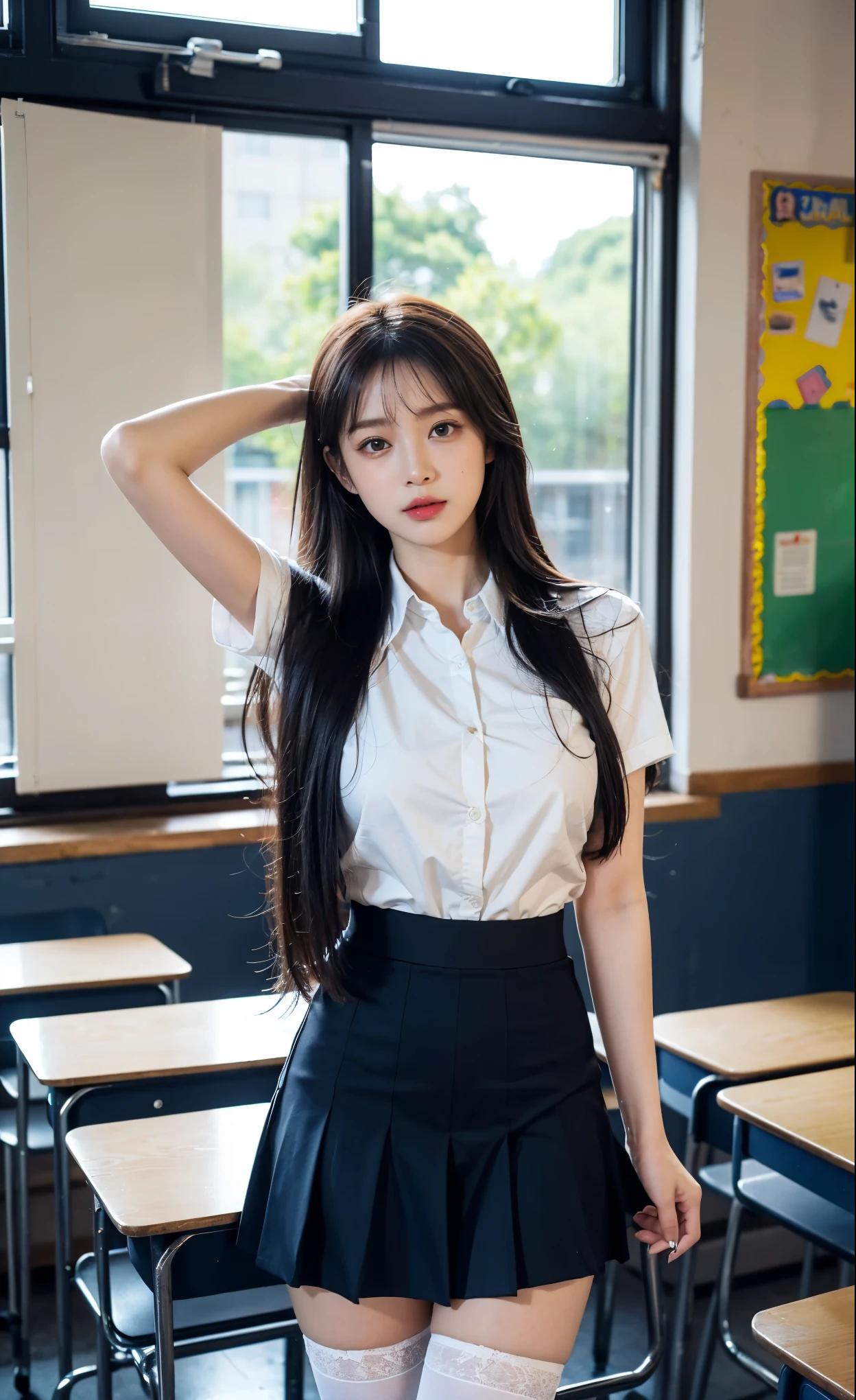 1 Girl,classroom,Soft Light,Chinese Beauty,Short-sleeved shirt,Pleated Skirt,Dark-haired,long hair