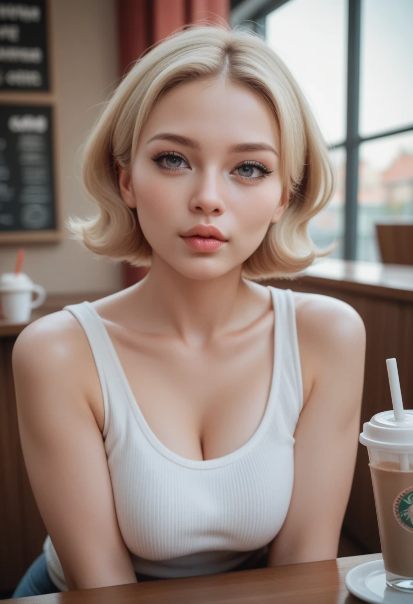(best image quality, 8K,32k,masterpiece, UHD:1.2),Raw photo,(genuine:1.4),1 female,20 year old beauty,((Anna Nikonova:0.8),(emma watson:0.5)),(short hair:1.3),shiny hair,(blonde:1.4),(very beautiful face, beautiful lips, beautiful eyes), face with intricate details, leaning against the wall,side view,early morning light,(Cafe:1.5