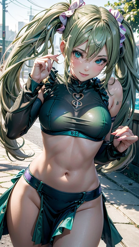 Super detailed, NSFW, masterpiece, High resolution, Photorealistic digital art, perfect lighting, (((1 girl, perfect anatomy))), accurate right hand, accurate left hand, five fingers, perfect style, shy smile, (hatsune miku,) 3d face, big light blue-green eyes, glossy lips, blue-green long hair, shiny skin, (((twin tails))), big square hair accessories, ((Juliet)), Focus on the groin, outdoor,