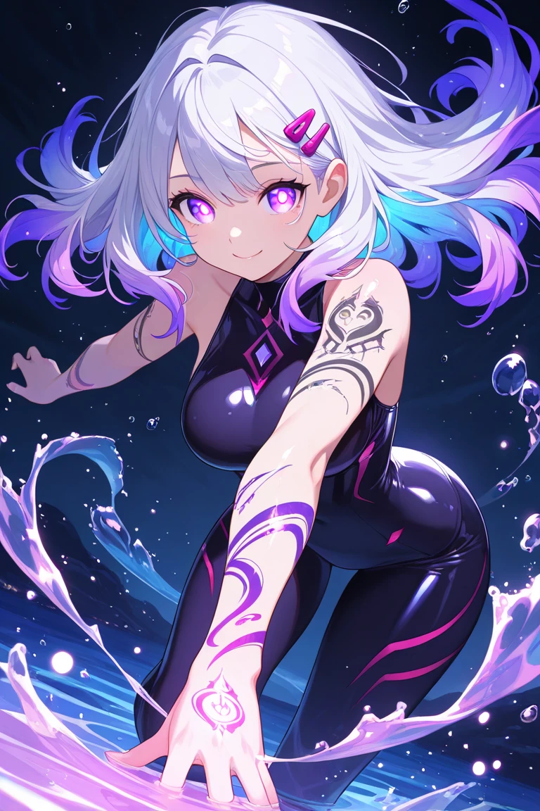 1 ,  long hair,  medium hair,  bicolor hair,  aquatic hair , purple pupils, hair clip, floating water,  particles , Tattoos on arms, shiny tattoos, glowing pupils,  smile, ,
,masterpiece,best quality,incredible quality,