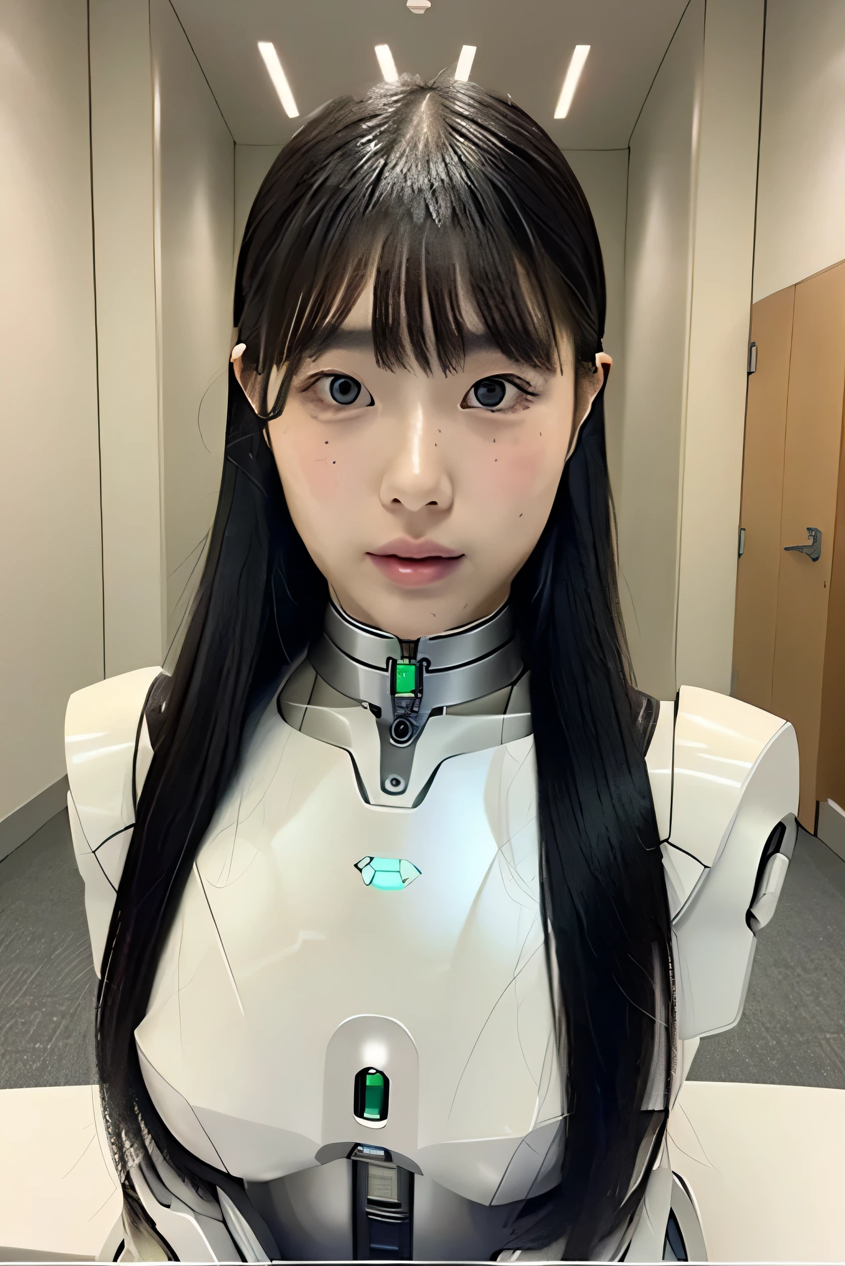 masterpiece, best quality, extremely detailed,Japaese Android girl,milf,forehead,chubby,Plump , control panels,android,Droid,Mechanical Hand, Robot arms and legs, Black Robot Parts,Black hair,Mechanical body,freckled skin,White robotics parts,perfect robot girl,future information counter,reception,long tube,thick cable connected her neck,ceramic body ,mechanical body,android,robot,humanoid,cyborg,information office,japanese android receptionist ,mechanical chest,