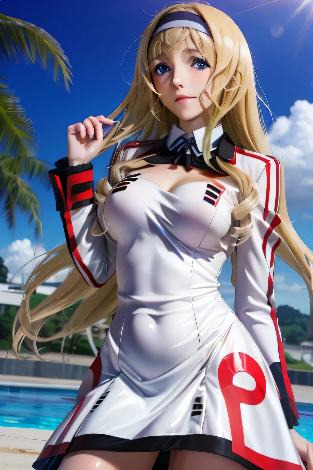 perfect anatomy top quality,highest resolution,(((white uniform with metallic luster One Piece Dress Shiny Blonde blue eyes Long Hair shiny skin))) Cecilia Alcott Infinite Stratos