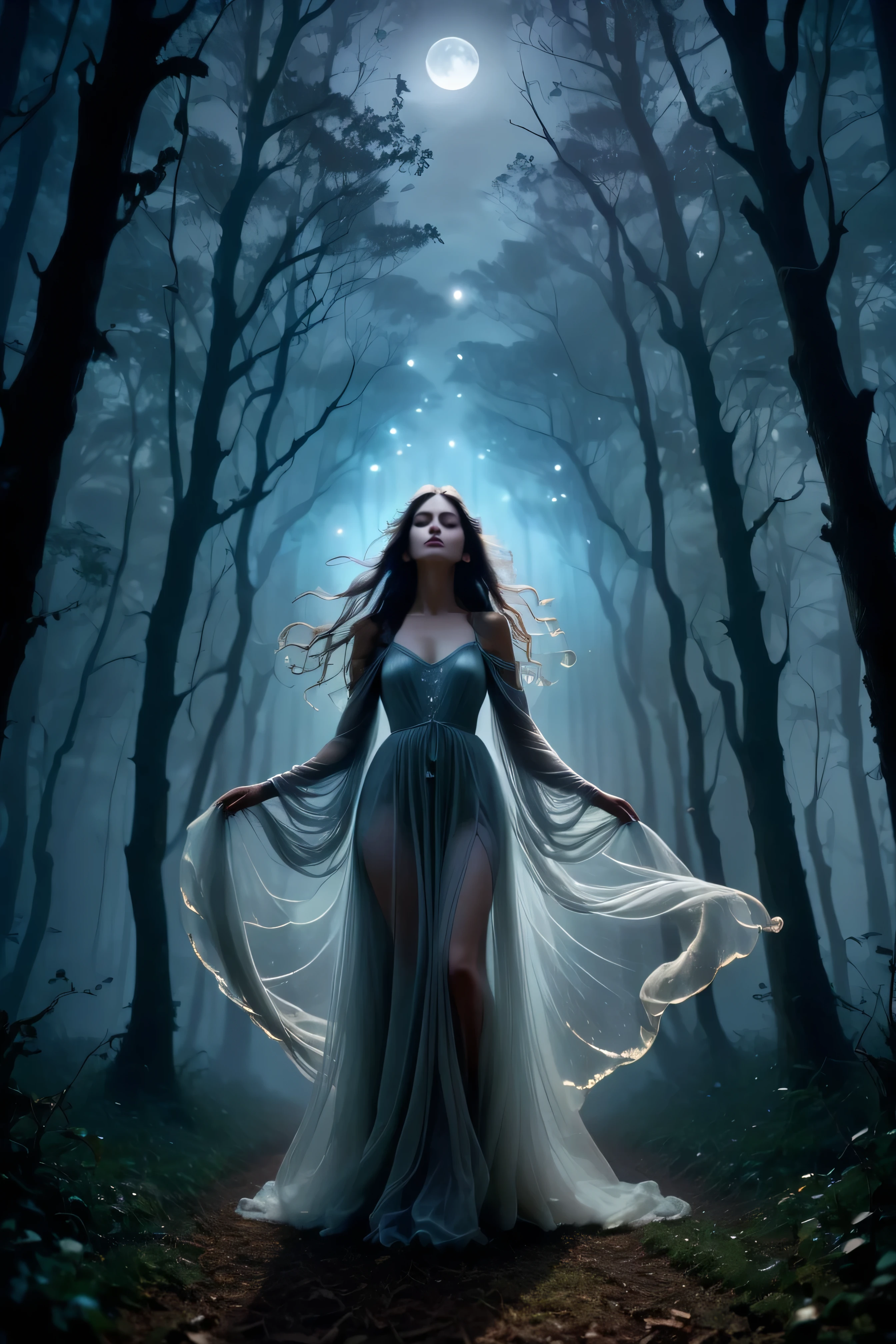 (masterpiece), (8k), (best quality), (sublime), a Ghost, haunting, ethereal, fey, a celestial organism, liminal, death, alive again, wispy, transparent, sentient, pale, arms up, feminine, body stretched elongated bending and poised, silvery smoke, wispy strands of moon silver, translucent silk, opalescent sky, elongated, poise, exuding enchanting glow, emanating an aura, delicacy, youth, moonlight, night, pure magic, in a dark foggy enchanted Forest (celestial), (lighting), (evocative), (surreal), (unreal), (strange)