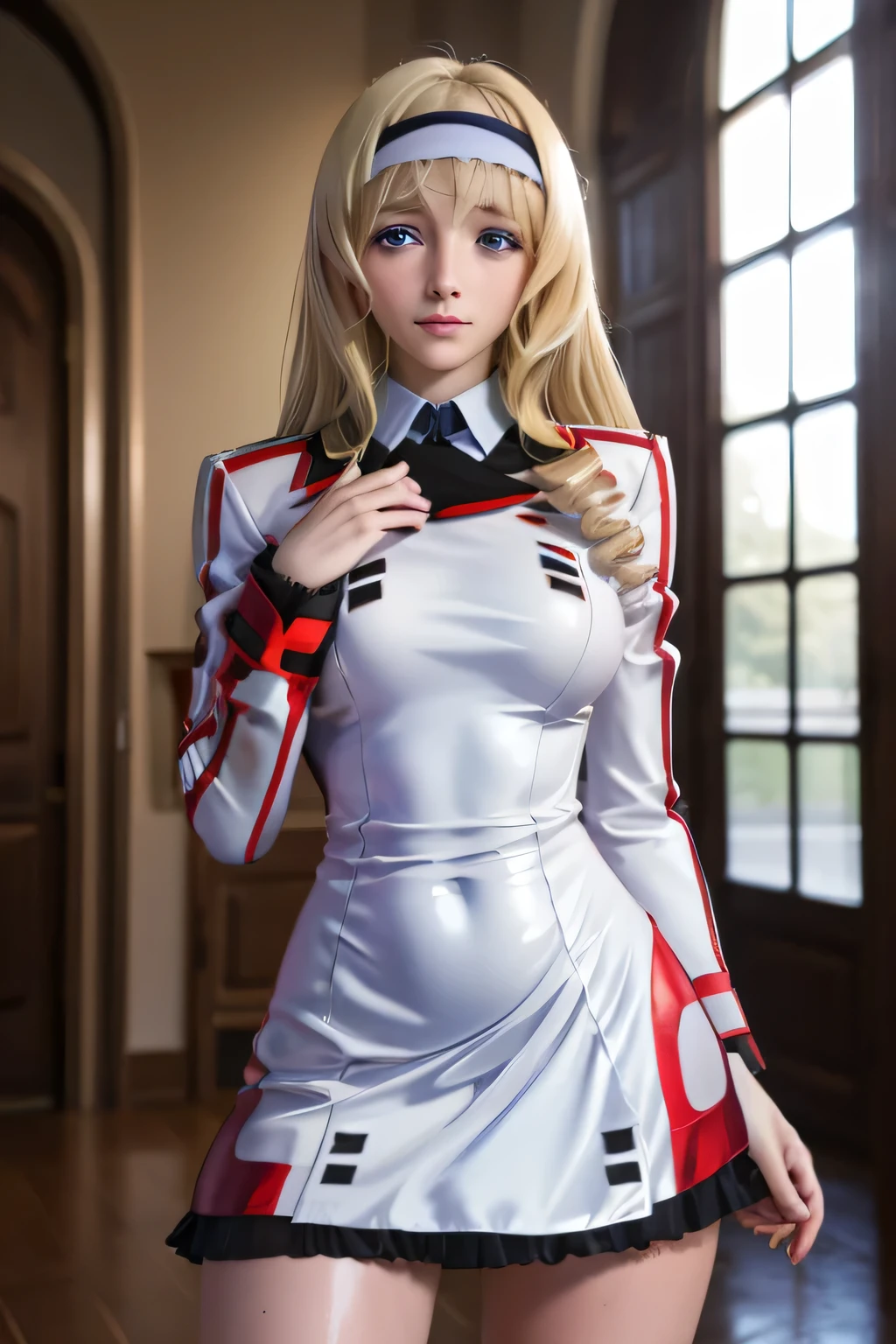 perfect anatomy top quality,highest resolution,(((white uniform with metallic luster One Piece Dress Shiny Blonde blue eyes Long Hair shiny skin))) Cecilia Alcott Infinite Stratos