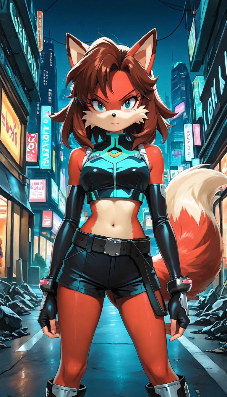 masterpiece, perfect anatomy, solo, 1boy, Furry, kemono, furry cat, anthropomorphic, male, dark fur, dark skin, red eyes, femboy, cyberpunk clothes, blue crop top, thong, revealing clothes, cyberpunk city, uploaded on e621, Cyberpunk technology. cybernetics, 