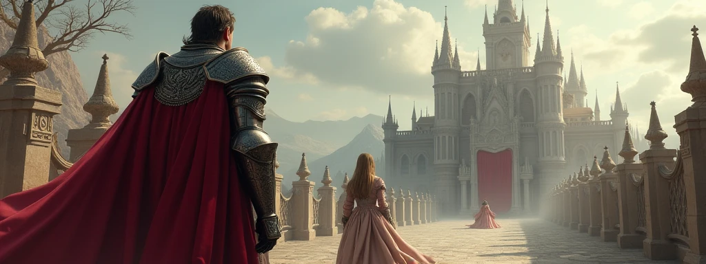 Laughter walking through a very large castle with a king with a knife stuck in his ears