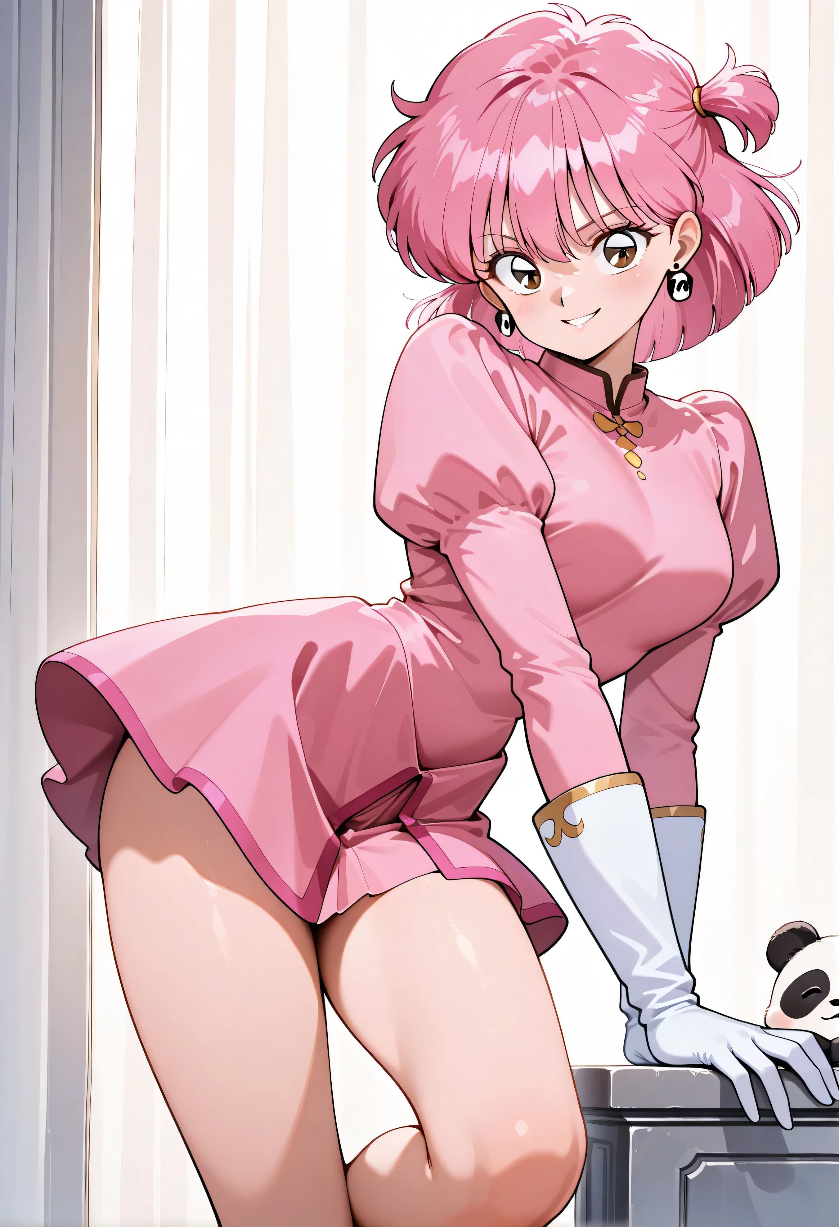 ultra-detailed, Explicit, Beautiful body, Beautiful Nose, Beautiful character design, perfect eyes, perfect face, ultra highres, 4K, beautiful legs, perfect legs, Nice hands, Perfect hand, Masterpiece, Best Quality, Highly detailed, illustration, absurdres, perfect anatomy, (((pink delmo uniform, jacket, Pink latex jacket))), (((pink latex pencil skirt, tight pink miniskirt))), (white stripes), extremely glossy latex, puffy sleeves, juliet sleeves, yellow bow, absurdres, highres, solo, cowboy shot, 1girl, perfect hands, wind, hat, (highres,best_quality,masterpiece), hair ornament, kotomi takanashi, black hair, black eyes, short hair,