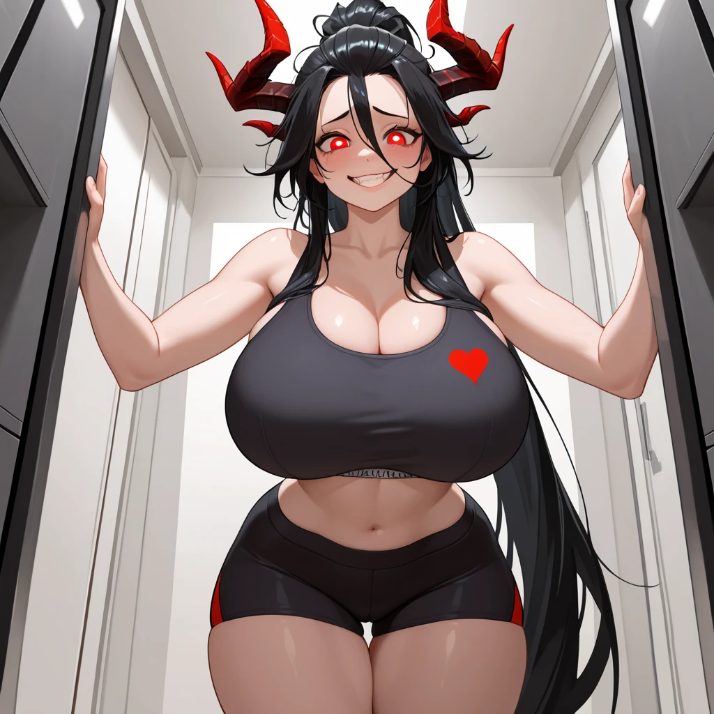 deaver, by deaver, black hair, female, vampire girl, horns, two tails, twin drills, solo, smol, pink eyes, massive breasts, massive butt, massive hips, oppai , very long hair, wear red lace panties and red lace bra, cute pose, masterpiece, ultra high quality, sexy pose, masterpiece, best quality, highly detailed background, cinematic lighting, detailed eyes, perfect face