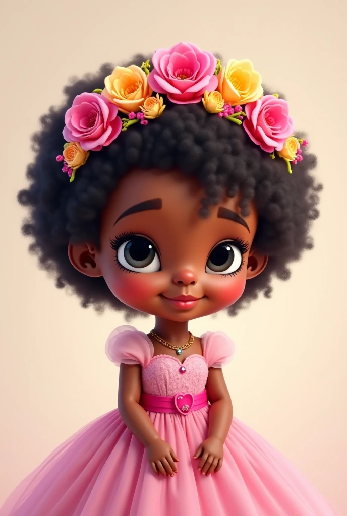 Style manga ou animé, fillette de 6 ans, mixed race, dark brown hair curly frizzy styled, a golden tiara in the hair, Brown eyes, light blue dress with blue sequins on top.
Elle sourit, elle a un peu de maquillage sur les yeux