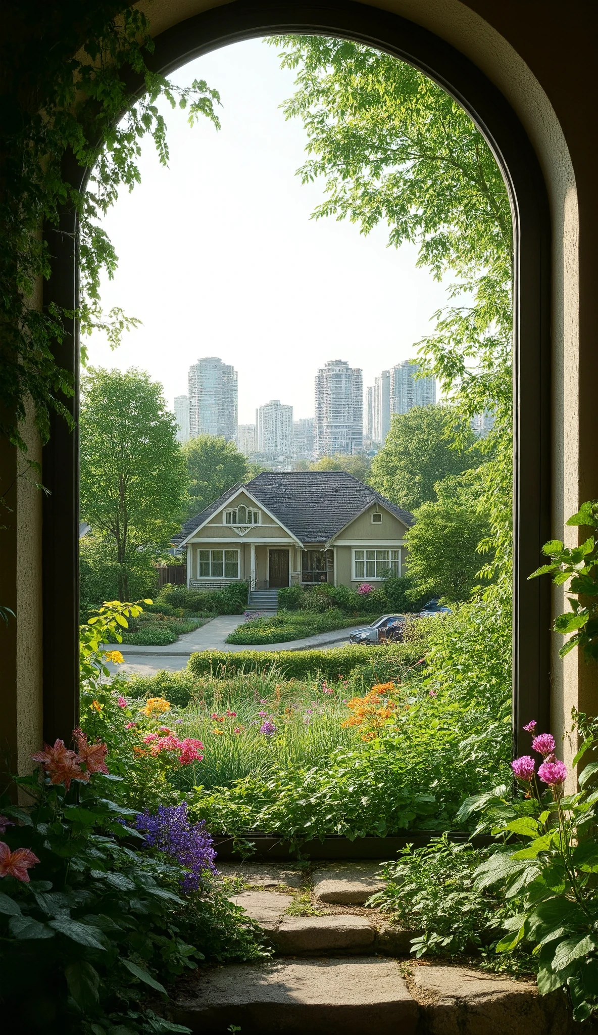 in high-definition images、Picture of a house with the whole window planted、Window of a house where you can see greenery from the whole window、You can see a little bit of flowers、Picture of a landscape in the Vancouver cityscape。