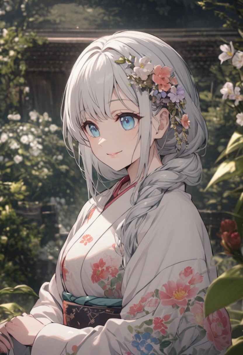 a beautiful mature rurushi with thin delicate lips,sensual smile pale porcelain skin, long flowing dark hair, elegant kimono, graceful posture, intricate floral pattern background, ornate headpiece, soft natural lighting, cinematic composition, masterpiece,(masterpiece:1.2)

