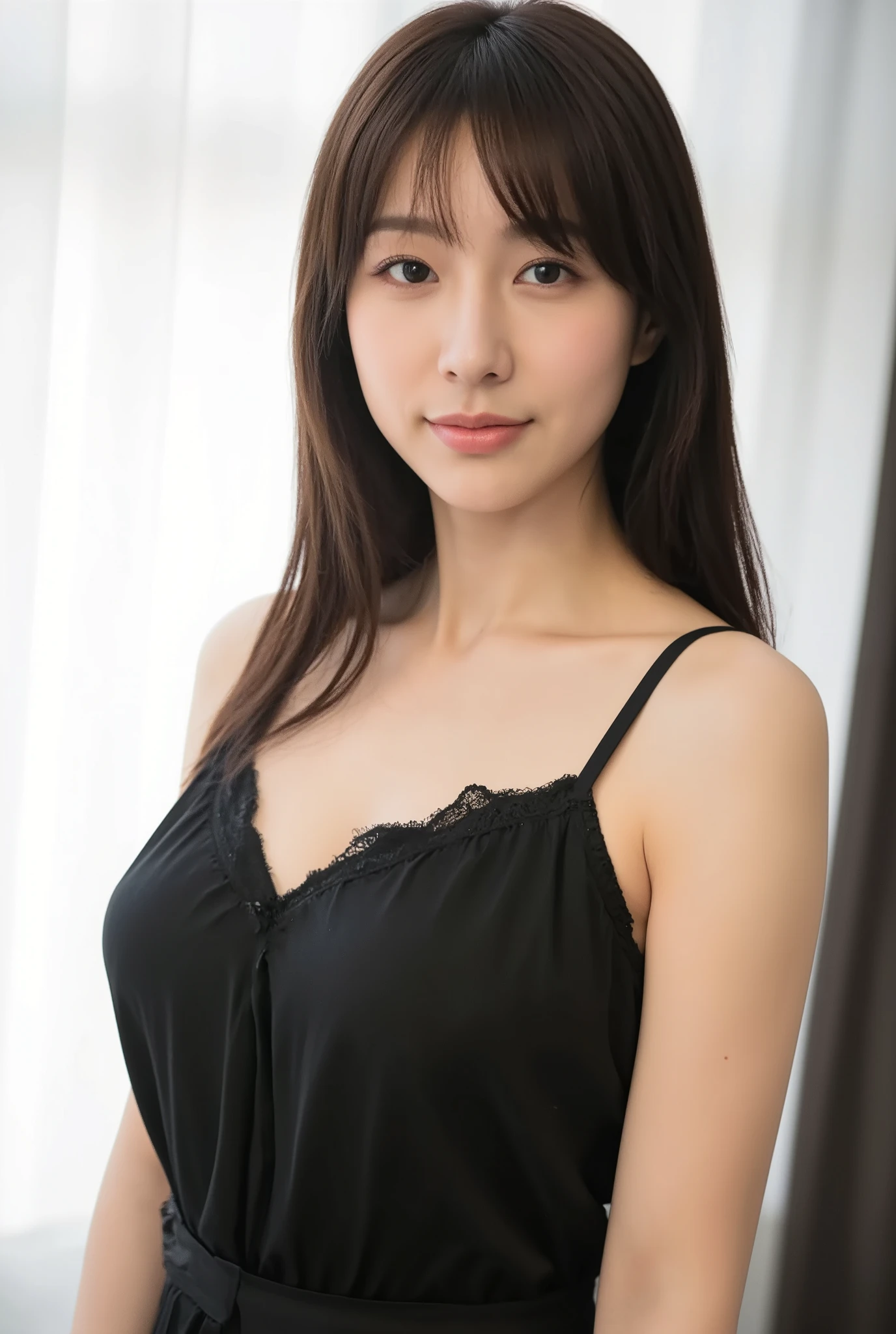 women play 1By people,beautiful black hair,super straight hair, realistic person images in dark waters,Realism,Best Quality,mastepeice,top quality,best image quality,highest resolution,fine details,Beautiful detailed face,Black Eyes,camera,((realistic skin)),Indoors,detailed background, Exact Upper Body,(( looks at her upper body)),(Realismのある肌),Late night time,(in the hotel room),smiles,((beautiful very big breasts)),(Wear a black shiny nightgown),((super big boobs)),(can see cleavage),