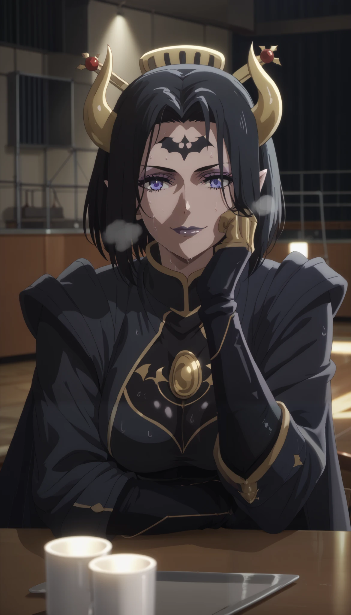 score_9, score_8_up, score_7_up, score_6_up, uncensored, lilithmon, black hair, forehead mark, horns, demon wings, hair ornament, gauntlets, black lipstick, purple eyes, anime coloring, anime screencap, (voluptuous:1.3), (thick:1.3), BREAK UHD, retina, masterpiece, accurate, anatomically correct, textured skin, super detail, high details, high quality, award winning, best quality, highres, 4K, excessive sweating, sweating, sweating drop, (gasping, heavy breathing:1.3), (skindentation:1.2), perfect eyes, beautiful eyes, eyelashes, makeup, detailed body, perfect body, BREAK, elbow gloves, head rest, table, cup, black coat, gloves, bokeh, indoors, dim light, reflective, looking at viewer, smirk, half-closed eyes, club house, ((cinematic))