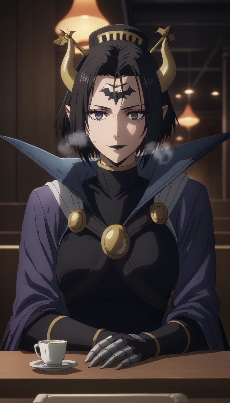 score_9, score_8_up, score_7_up, score_6_up, uncensored, lilithmon, black hair, forehead mark, horns, demon wings, hair ornament, gauntlets, black lipstick, purple eyes, anime coloring, anime screencap, (voluptuous:1.3), (thick:1.3), BREAK UHD, retina, masterpiece, accurate, anatomically correct, textured skin, super detail, high details, high quality, award winning, best quality, highres, 4K, excessive sweating, sweating, sweating drop, (gasping, heavy breathing:1.3), (skindentation:1.2), perfect eyes, beautiful eyes, eyelashes, makeup, detailed body, perfect body, BREAK, elbow gloves, head rest, table, cup, black coat, gloves, bokeh, indoors, dim light, reflective, looking at viewer, smirk, half-closed eyes, club house, ((cinematic))