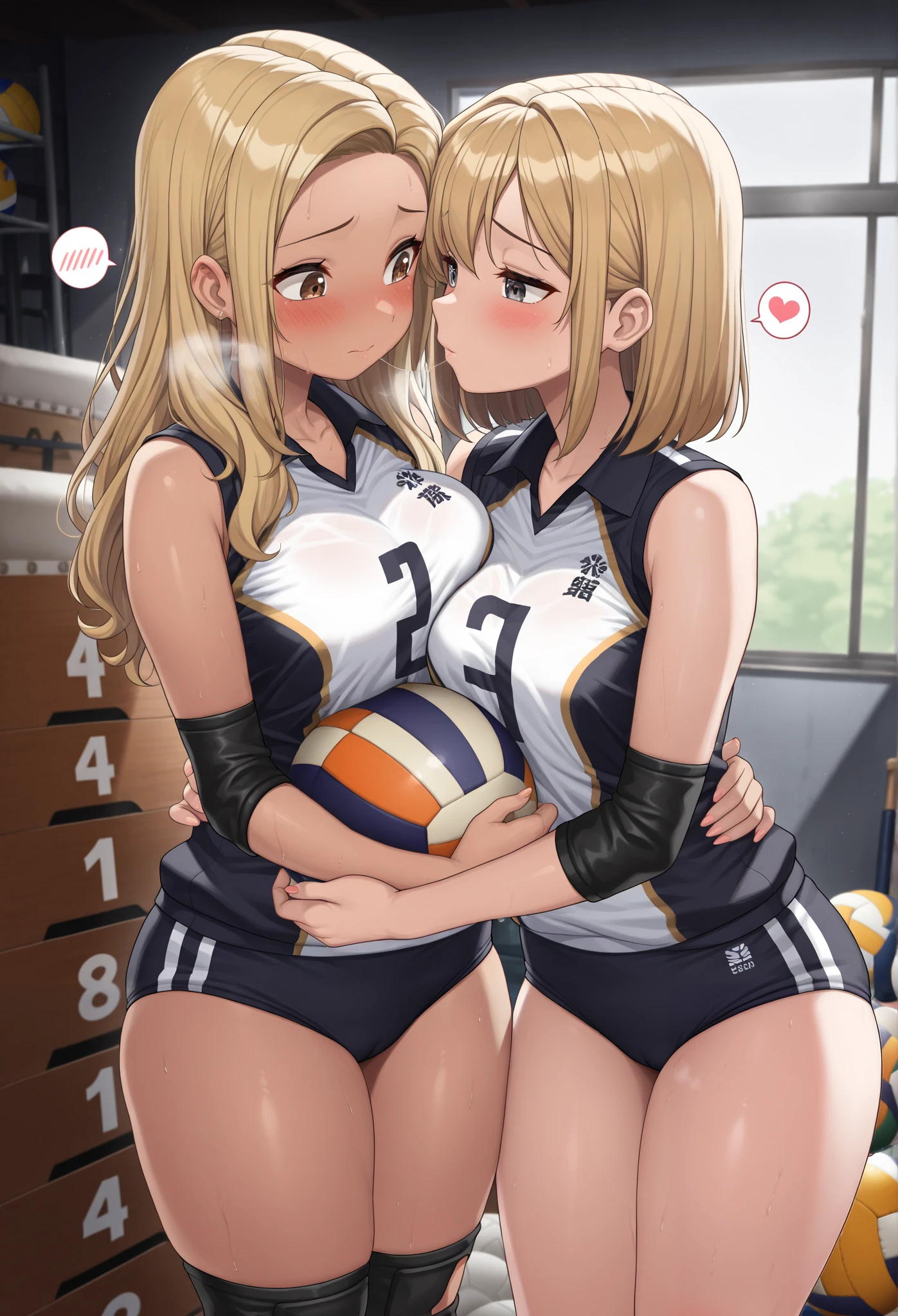 masterpiece, best quality, amazing quality, 2 girl, (gyaru:1.2), volleyball uniform, buruma, holding ball, (yuri:1.2), hugging each other, kiss, holding ball, (young women:1.2), thick thighs, Collared volleyball uniforms, sleeveless, (buruma:1.2), volleyball knee pads, elbow sleeve, (the perfectly spherical 8.5” volleyball ball:1.3), (blush:1.4), camel toe, (chubby:0.8), curvy, (sweat, Covered in sweat, covered in perspiration:1,4), (deep breathing:1.4), spoken heart, perfect anatomy, in gym storeroom, eye contact, cowboy shot, (4k,8k,highres:1.2), ultra-detailed, studio lighting, extreme detail description, professional, vivid colors, detailed eyes,detailed lips, dramatic lighting, highly detailed sports uniform, soft focus background, (shy, embarrassed expression:1.4), dashed eyes, medium breasts, saliva trail