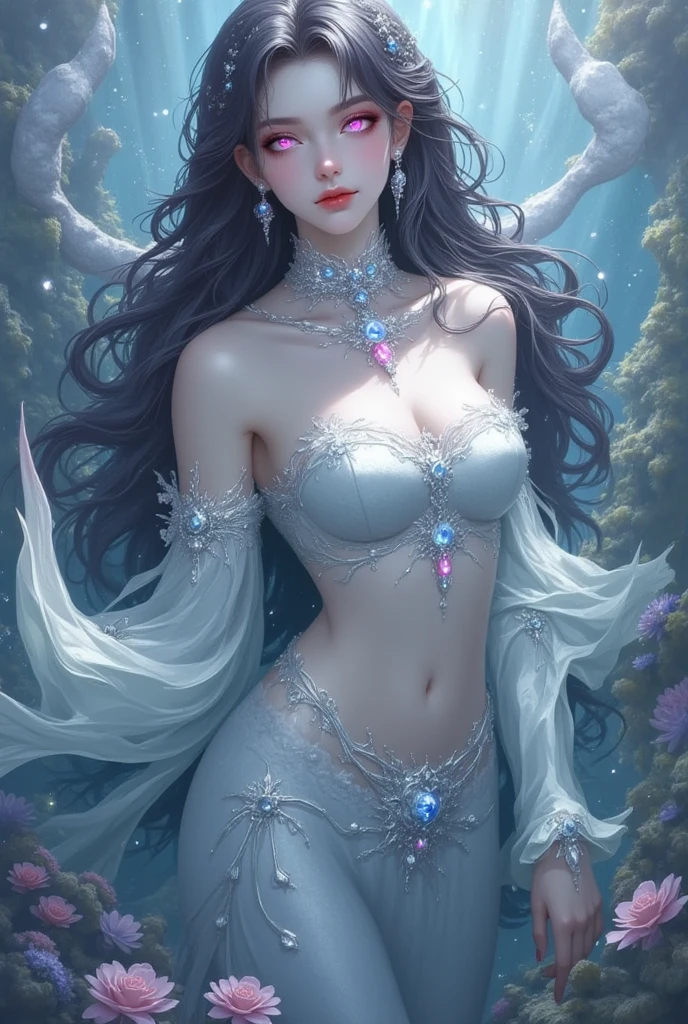 Woman in light blue dress walking to the sea, Long Pink Gloves, Elegant, closeup fantasy with water magic,((vague)), Beautiful maiden, wearing a dress made of water, cleavage, Look at viewers、Watch from below、realistic oil painting, Dripping wet, in water ...