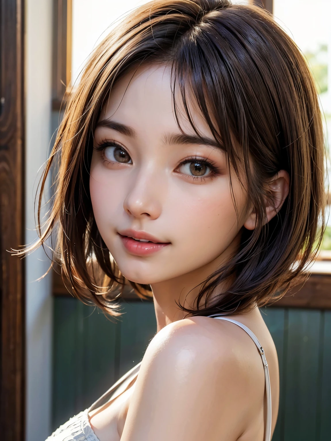 Night, RAW Photography, (((Very Beautiful Portrait))), (Very Beautiful Portrait))), 1 Girl, Sexy 25 Year Old Girl, ((Natural Brown Hair with Short Cuts)), [Brown Eyes],Gentle Smile Staring at the Camera(cleavage), ((Masterpiece, Best Quality, Ultra Detail, Cinematic Lights, Intricate Detail, High Definition, 8k, Very Detailed)), Detail Background, 8k UHD, DSLR, soft lighting, high quality, film grain, fujifilm XT3, shallow depth of field, natural light, perfect face