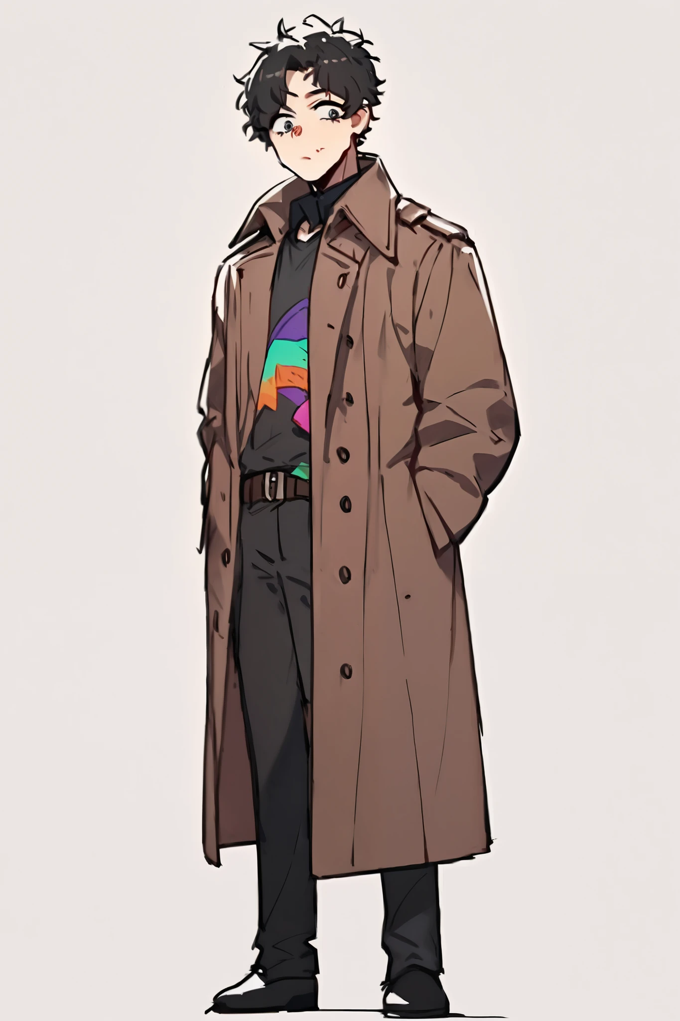 simple background,high definition, solo, natural perm, male,Age 30,criminal,is tall,wise, black hair, kind face,trench coat,I'm looking at me with a horizontal,eye showing the whole body,I'm energetic,justice